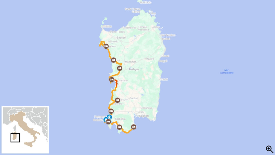 carte et itinéraire vélo sur la côte ouest de la Sardaigne