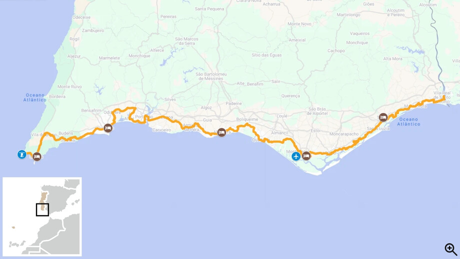 La Côte de l'Algarve par l'Ecovia à vélo carte itinéraire