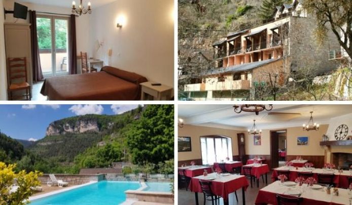 Chambre, restaurant et piscine de l'hôtel de la Jonte à Les Douzes