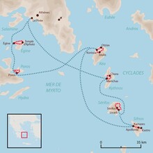 Carte : Vélo et Bateau dans les Cyclades © Fond de carte : GeoAtlas, Réalisation : Florian Calvat Carte : Vélo et Bateau dans les Cyclades