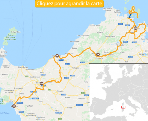 Carte itinéraire vélo nord de la sardaigne et costa esmeralda
