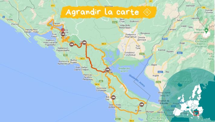 Carte Monténégro à vélo lac de skadar et littoral