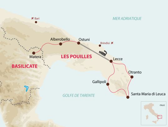Carte itinéraire "Les Pouilles à vélo"
