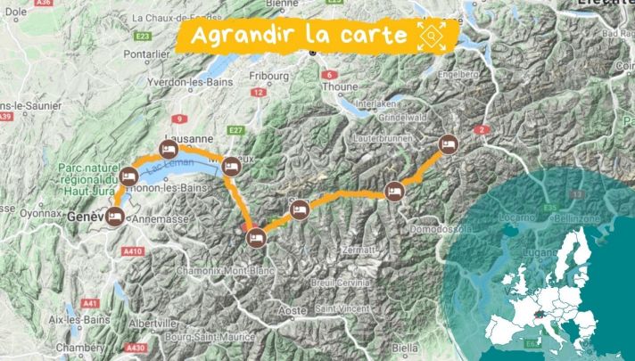 Itinéraire de la Route du Rhône, de sa source à Genève