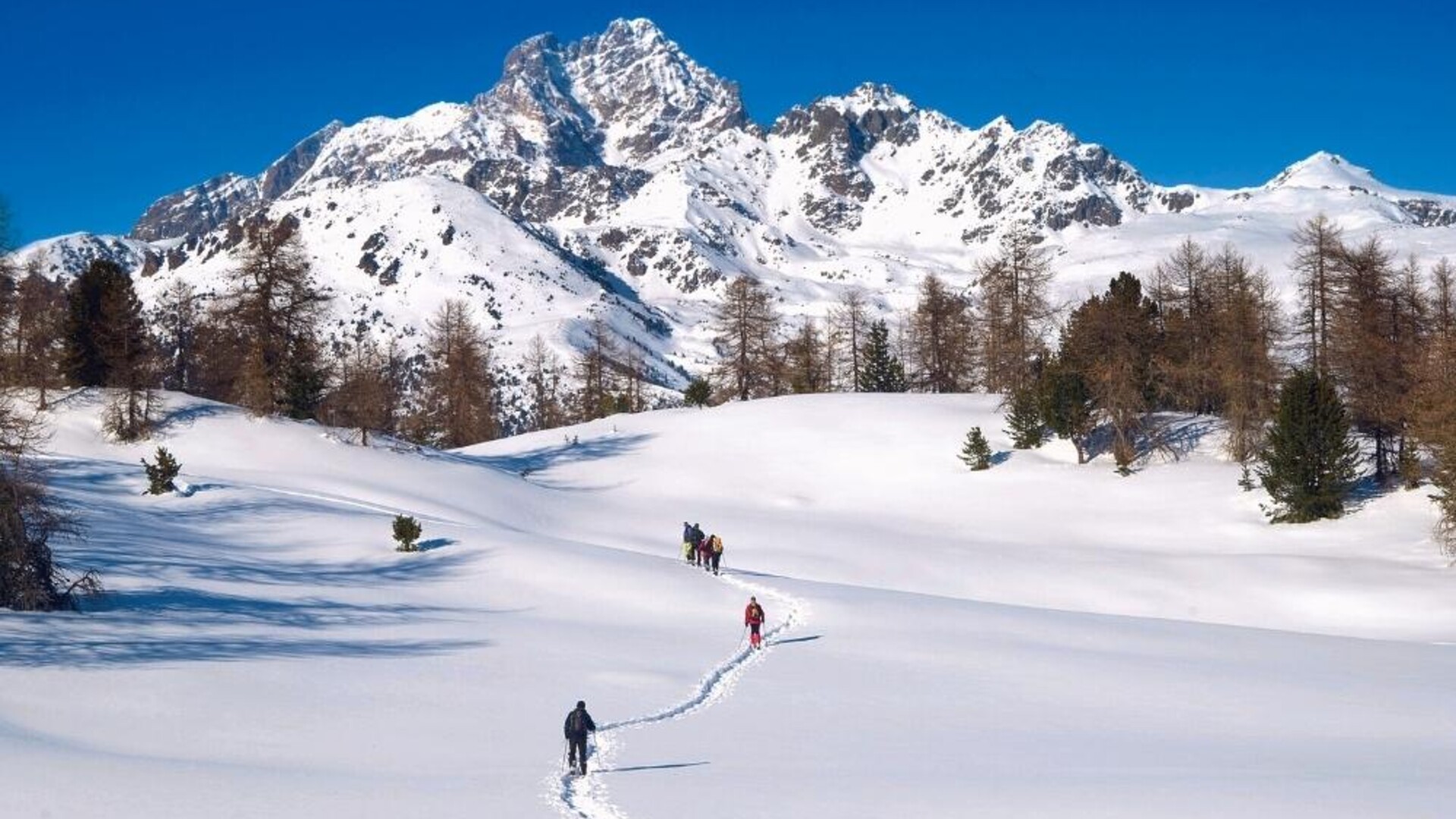 Randonnée en raquettes avec panorama sur le val Maira en hiver dans le Piémont en Italie