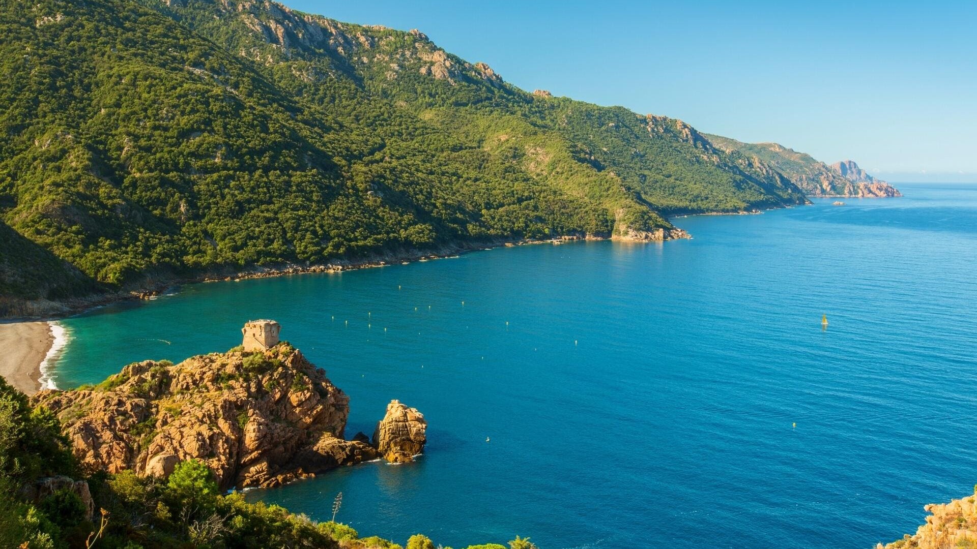 Panorama sur une plage avec tour génoise du golfe de Porto en Corse