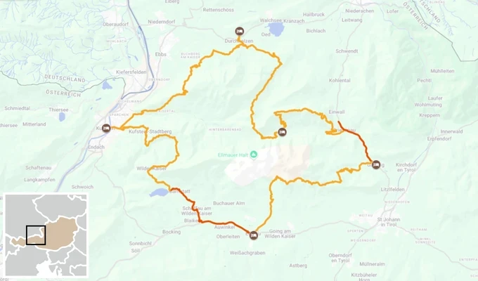 Trek de Kufstein aux Montagnes de l'Empereur itinéraire carte