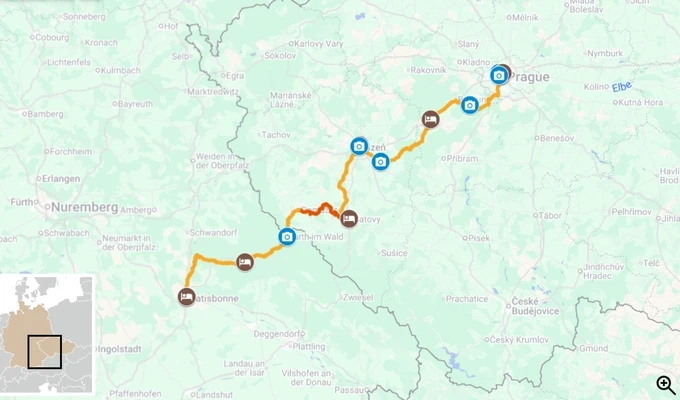 À vélo de Prague à Ratisbonne, des châteaux de Bohême à la Bavière itinéraire carte