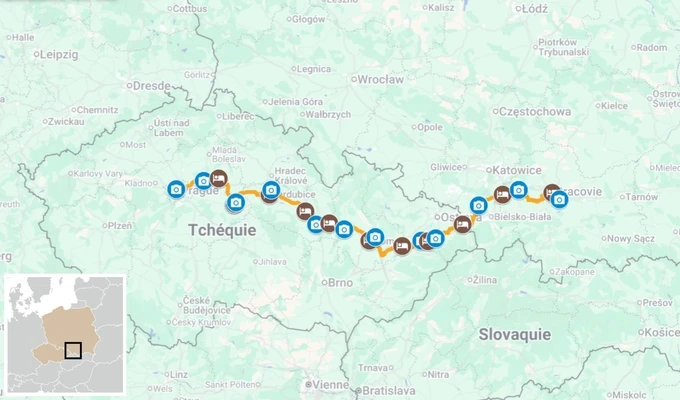 À vélo de Prague à Cracovie : des cités royales aux trésors de l'UNESCO CARTE