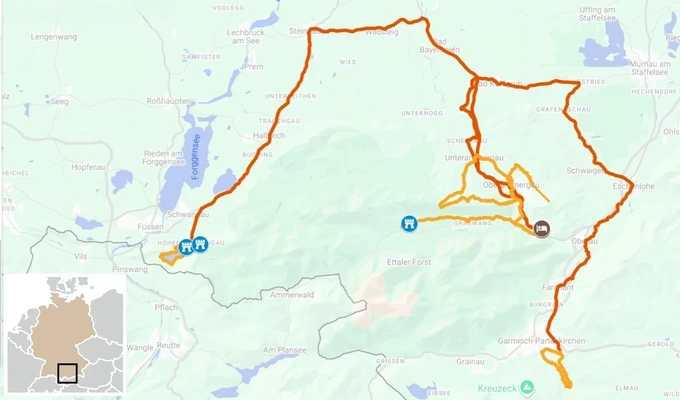 Les Châteaux de Bavière en randonnée itinéraire carte