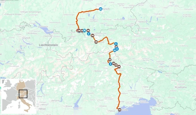 carte itinéraire trek munich venise 