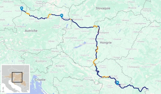 itinéraire carte Le Danube de l’Allemagne à la Serbie en vélo bateau