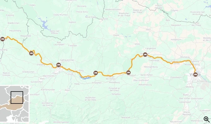 Le Danube à vélo de Passau à Vienne, en hôtels de charme carte itinéraire