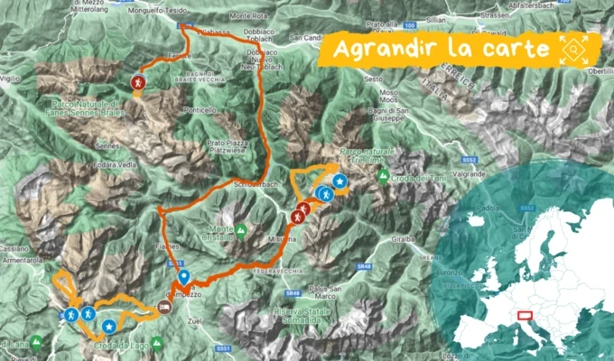 Carte montrant la localisation et l'itinéraire du voyage dans les dolomites