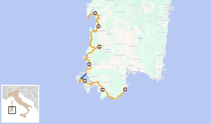carte itinéraire vélo dans le Sud de la Sardaigne