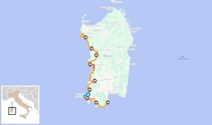 carte et itinéraire vélo sur la côte ouest de la Sardaigne
