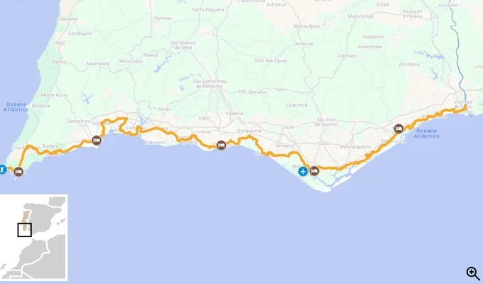La Côte de l'Algarve par l'Ecovia à vélo carte itinéraire