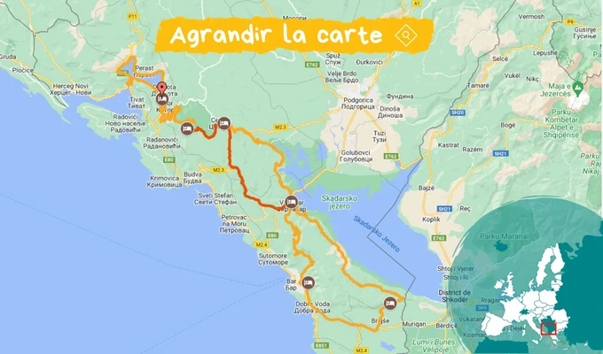 Carte Monténégro à vélo lac de skadar et littoral