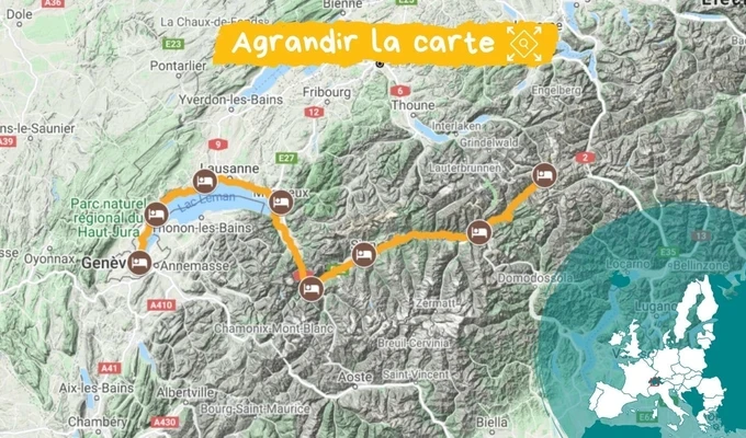 Itinéraire de la Route du Rhône, de sa source à Genève