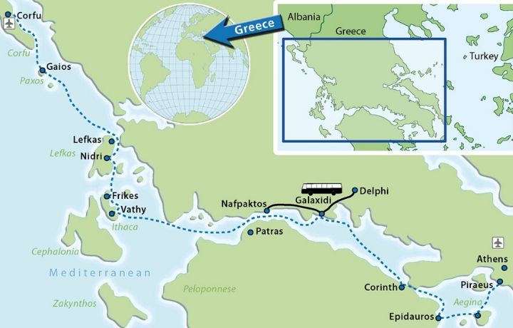 Carte du voyage à vélo liberté : Le Golfe de Corinthe et les îles Ioniennes, de Corfou à Athènes à vélo bateau